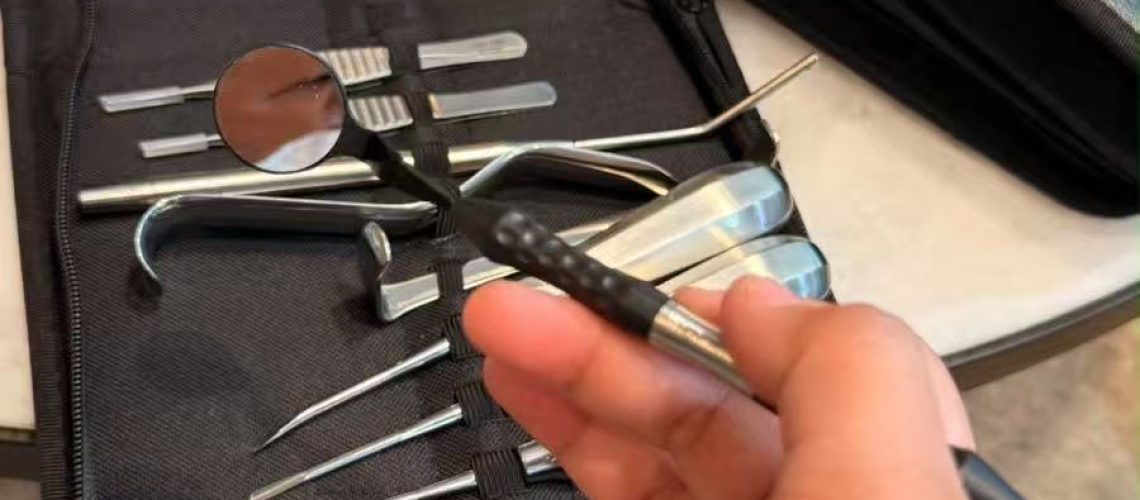 Dem Kunden wird ein Set mit zahnärztlichen Instrumenten gezeigt